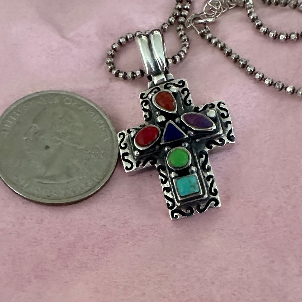Vintage Sterling Silver 925  THAI Multicolor Cross Pendant Necklace - Picture 5 of 5